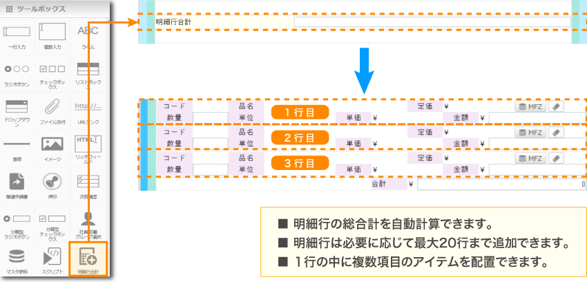 電子申請作成FormDesigner画面・明細行合計